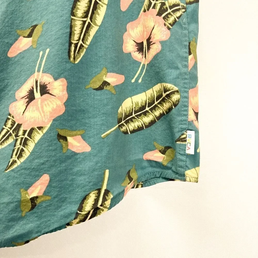 RVCA Tropical Hawaiian Shirt Green Floral Print Short Sleeve Button Down Shirt L